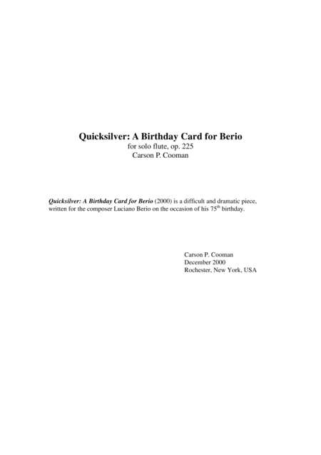 Free Sheet Music Carson Cooman Quicksilver A Birthday Card For Berio 2000 For Solo Flute