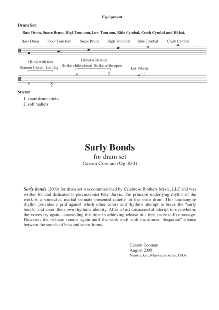 Carson Cooman Surly Bonds 2009 For Drum Set Sheet Music