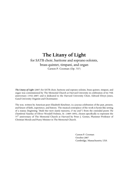 Carson Cooman The Litany Of Light 2007 For Satb Choir Baritone And Soprano Soloists Brass Quintet Timpani And Organ Full Score Sheet Music