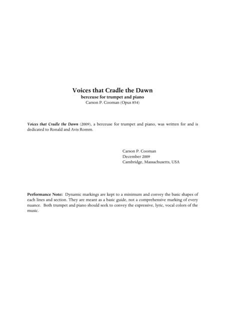 Carson Cooman Voices That Cradle The Dawn 2009 A Berceuse For Trumpet And Piano Sheet Music