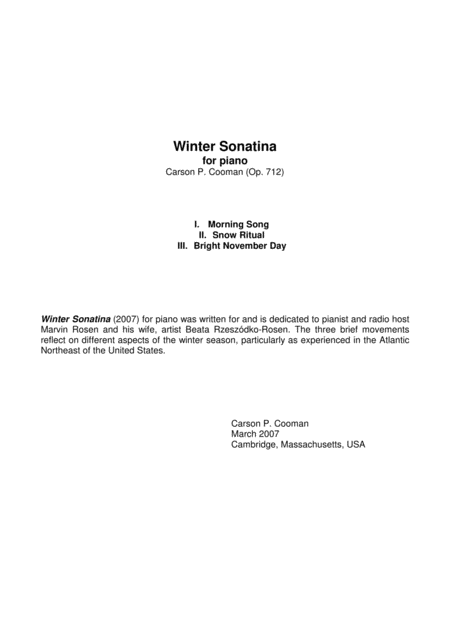 Carson Cooman Winter Sonatina 2007 For Piano Sheet Music