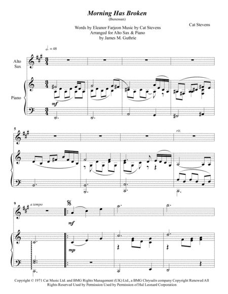 Free Sheet Music Cat Stevens Morning Has Broken For Alto Sax Piano