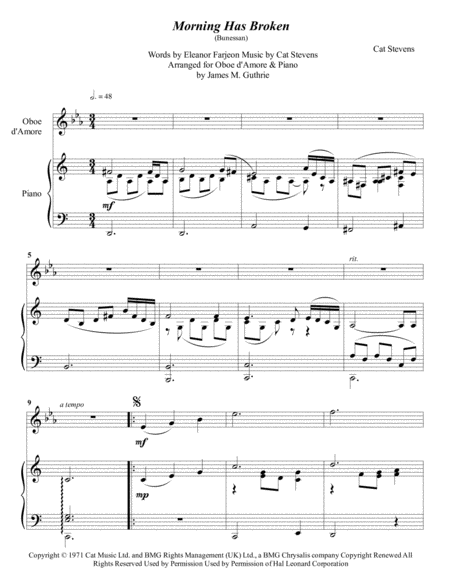 Cat Stevens Morning Has Broken For Oboe D Amore Piano Sheet Music