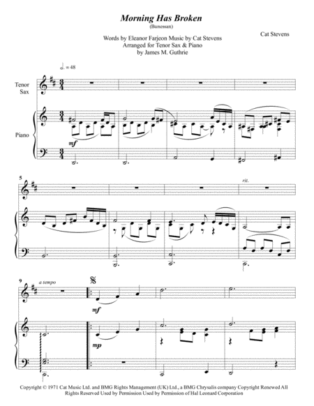 Cat Stevens Morning Has Broken For Tenor Sax Piano Sheet Music