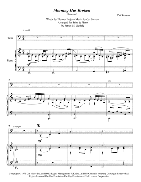 Free Sheet Music Cat Stevens Morning Has Broken For Tuba Piano