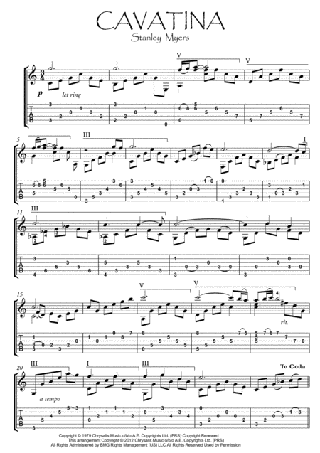 Cavatina By Stanley Myers Guitar Solo In C Sheet Music