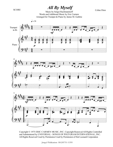 Celine Diion All By Myself For Trumpet Piano Sheet Music