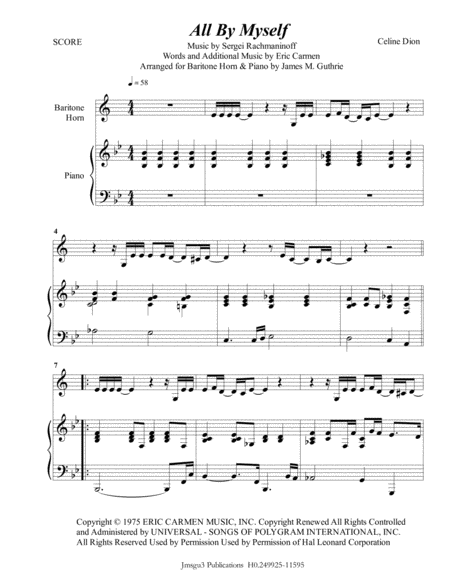 Celine Dion All By Myself For Baritone Horn Piano Sheet Music