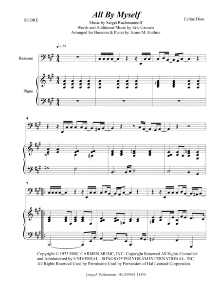 Celine Dion All By Myself For Bassoon Piano Sheet Music