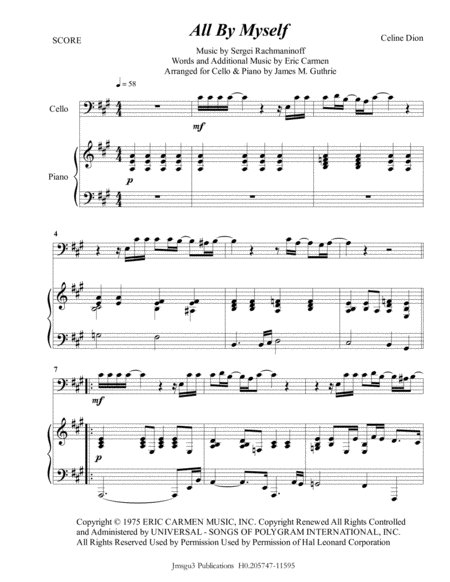 Celine Dion All By Myself For Cello Piano Sheet Music