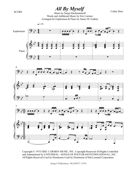 Free Sheet Music Celine Dion All By Myself For Euphonium Piano