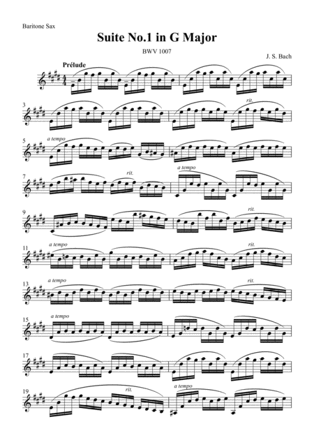 Cello Suite No 1 I Prelude For Baritone Saxophone Js Bach Bwv1007 Sheet Music