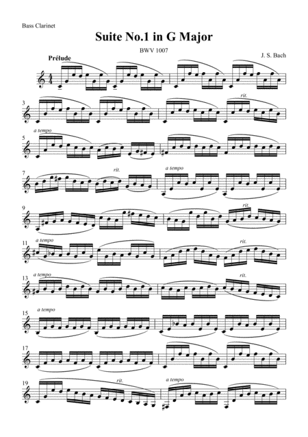 Cello Suite No 1 I Prelude For Bass Clarinet Js Bach Bwv1007 Sheet Music