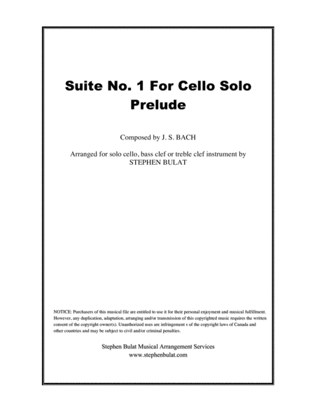 Cello Suite No 1 In G Prelude Bach Arranged For Solo Cello Bass Clef Or Treble Clef Instrument Sheet Music