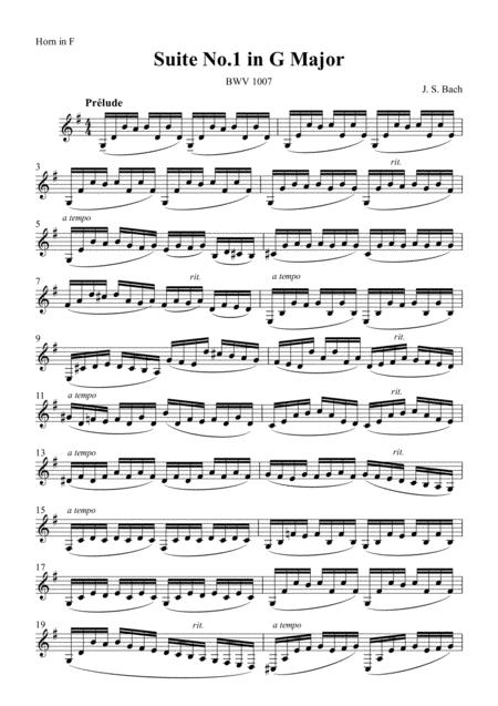 Free Sheet Music Cello Suite No 1 Prelude For Horn J Bach Bwv1007