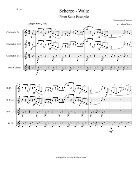 Chabrier Clarinet Quartet Scherzo From Suite Pastorale Sheet Music