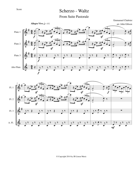 Chabrier Flute Quartet Scherzo From Suite Pastorale Sheet Music