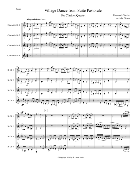 Chabrier Village Dance For Clarinet Quartet Sheet Music