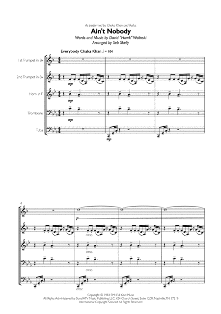 Chaka Khan Aint Nobody For Brass Quintet Sheet Music