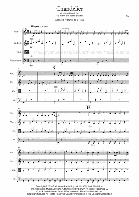 Free Sheet Music Chandelier Sia For String Quartet