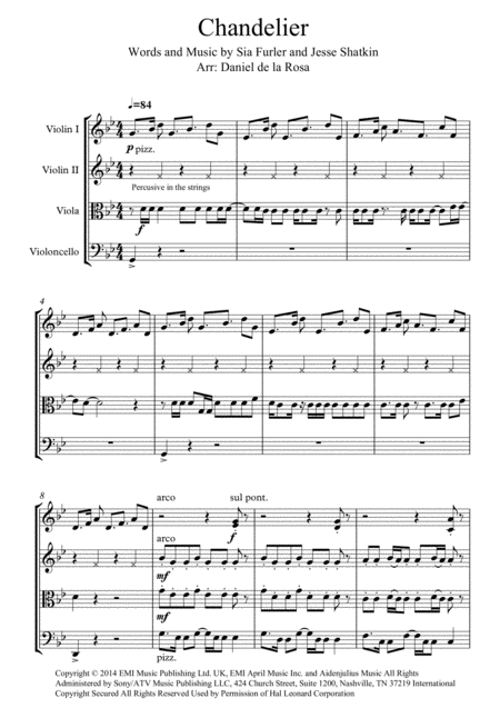 Free Sheet Music Chandelier Sia String Quartet Full Score And Parts