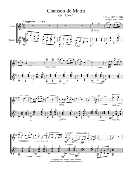 Chanson De Matin Op 15 For Flute And Guitar Sheet Music