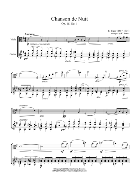 Free Sheet Music Chanson De Nuit For Viola And Guitar