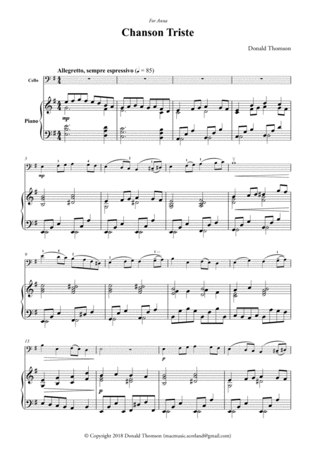 Chanson Triste For Cello And Piano Sheet Music