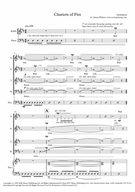 Chariots Of Fire By Vangelis For Satb Piano Sheet Music
