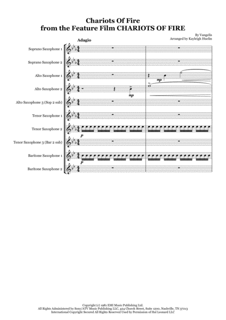 Chariots Of Fire Theme By Vangelis Saxophone Ensemble Octet Ssaattbb Saaatttb Sheet Music