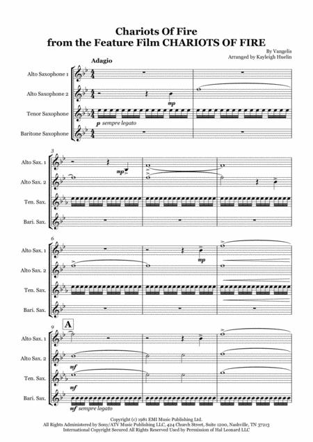 Chariots Of Fire Theme By Vangelis Saxophone Quartet Aatb Sheet Music