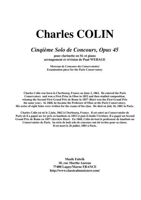 Charles Colin Cinquime Solo De Concours Opus 45 Arranged For Bb Clarinet And Piano Sheet Music