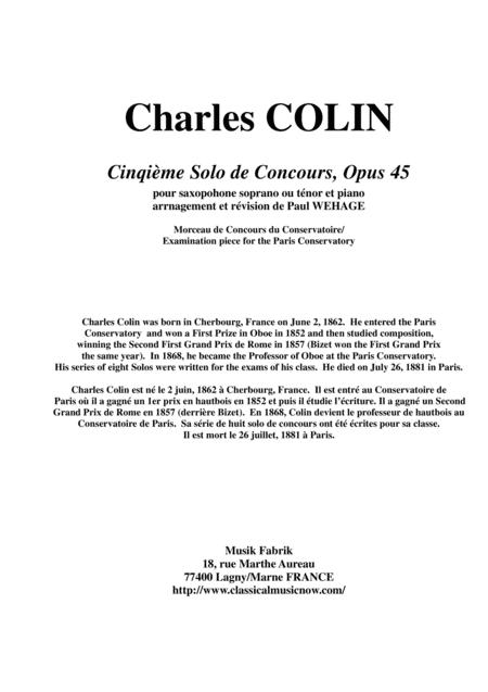 Free Sheet Music Charles Colin Cinquime Solo De Concours Opus 45 Arranged For Bb Soprano Or Tenor Saxophone And Piano