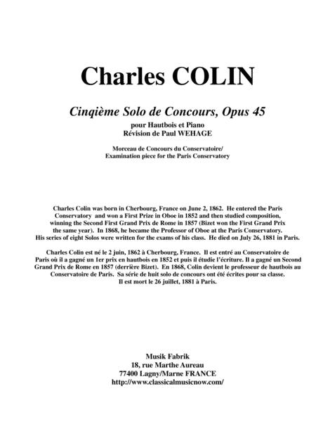Charles Colin Cinquime Solo De Concours Opus 45 Fro Oboe And Piano Sheet Music