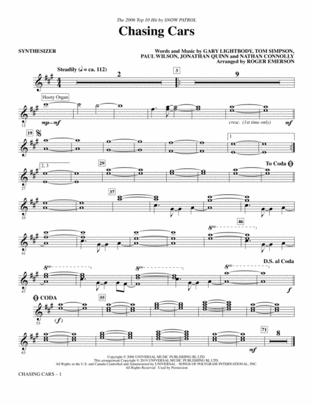Chasing Cars Arr Roger Emerson Synthesizer Sheet Music