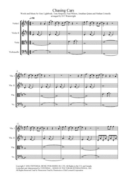 Chasing Cars Arranged For String Quartet With Score Parts With Rehearsal Letters Mp3 Sheet Music