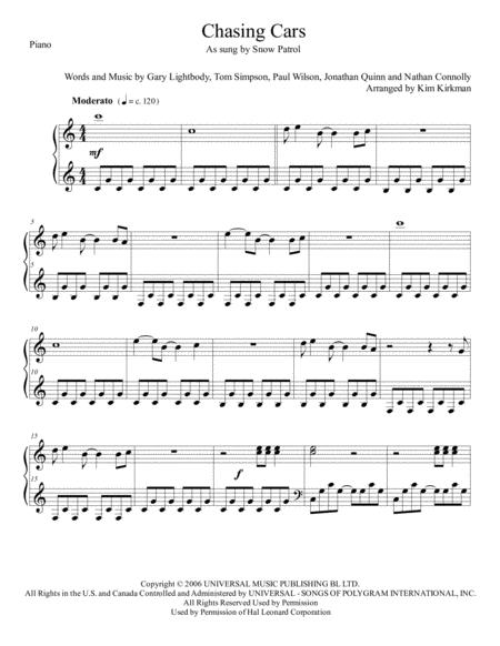 Free Sheet Music Chasing Cars For Solo Piano Easy No Black Notes Required