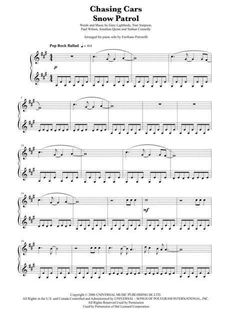 Chasing Cars Snow Patrol Easy Piano Solo Sheet Music