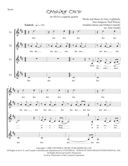 Chasing Cars Snow Patrol Ssaa A Cappella Sheet Music