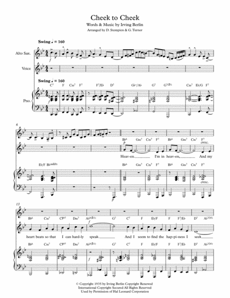 Free Sheet Music Cheek To Cheek For Vocal Solo With Alto Sax Piano Accompaniment Irving Berlin Fred Astaire