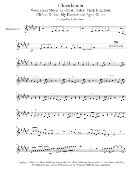 Cheerleader Trumpet Solo Original Key Sheet Music