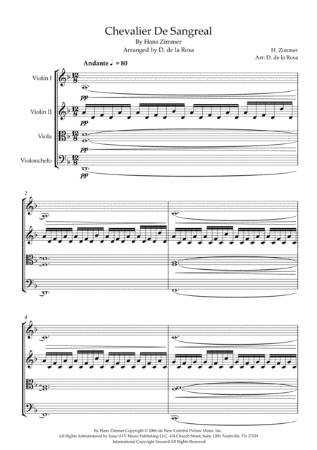 Free Sheet Music Chevalier De Sangreal Da Vinci Code Hans Zimmer For String Quartet Full Score And Parts