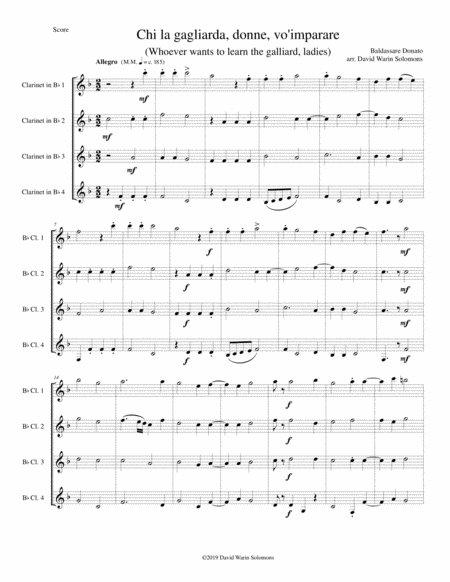 Free Sheet Music Chi La Gagliarda Whoever Wants To Learn The Galliard Arranged For 4 Clarinets