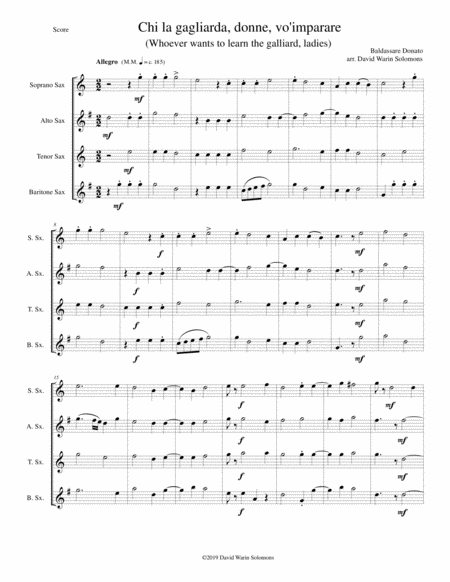 Chi La Gagliarda Whoever Wants To Learn The Galliard Arranged For Saxophone Quartet Sheet Music