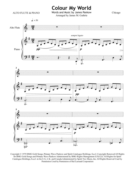 Free Sheet Music Chicago Colour My World For Alto Flute Piano