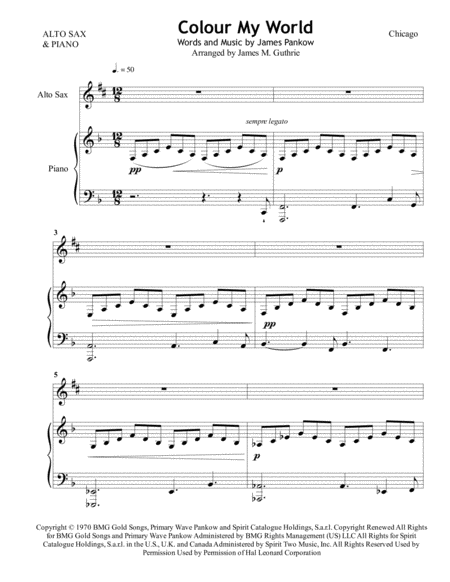 Chicago Colour My World For Alto Sax Piano Sheet Music