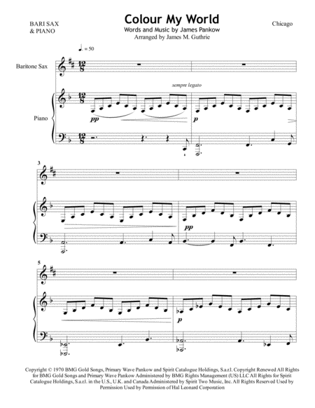 Chicago Colour My World For Baritone Sax Piano Sheet Music