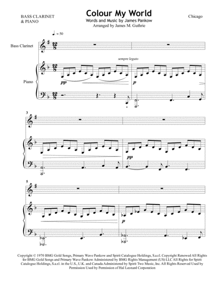 Chicago Colour My World For Bass Clarinet Piano Sheet Music