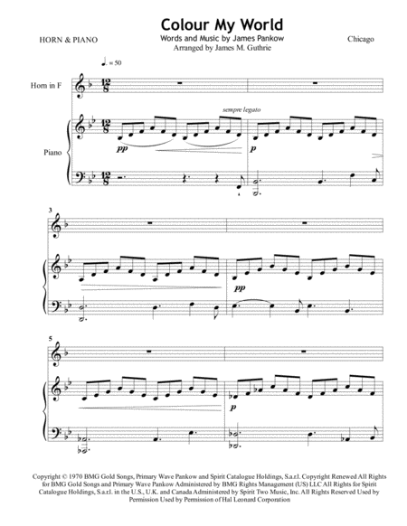 Chicago Colour My World For French Horn Piano Sheet Music