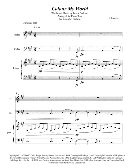 Free Sheet Music Chicago Colour My World For Piano Trio